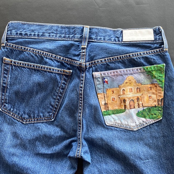 Handpainted Alamo Texas RE/DONE Mid Rise Straight Leg Jeans San Antonio Cowgirl - Picture 11 of 13